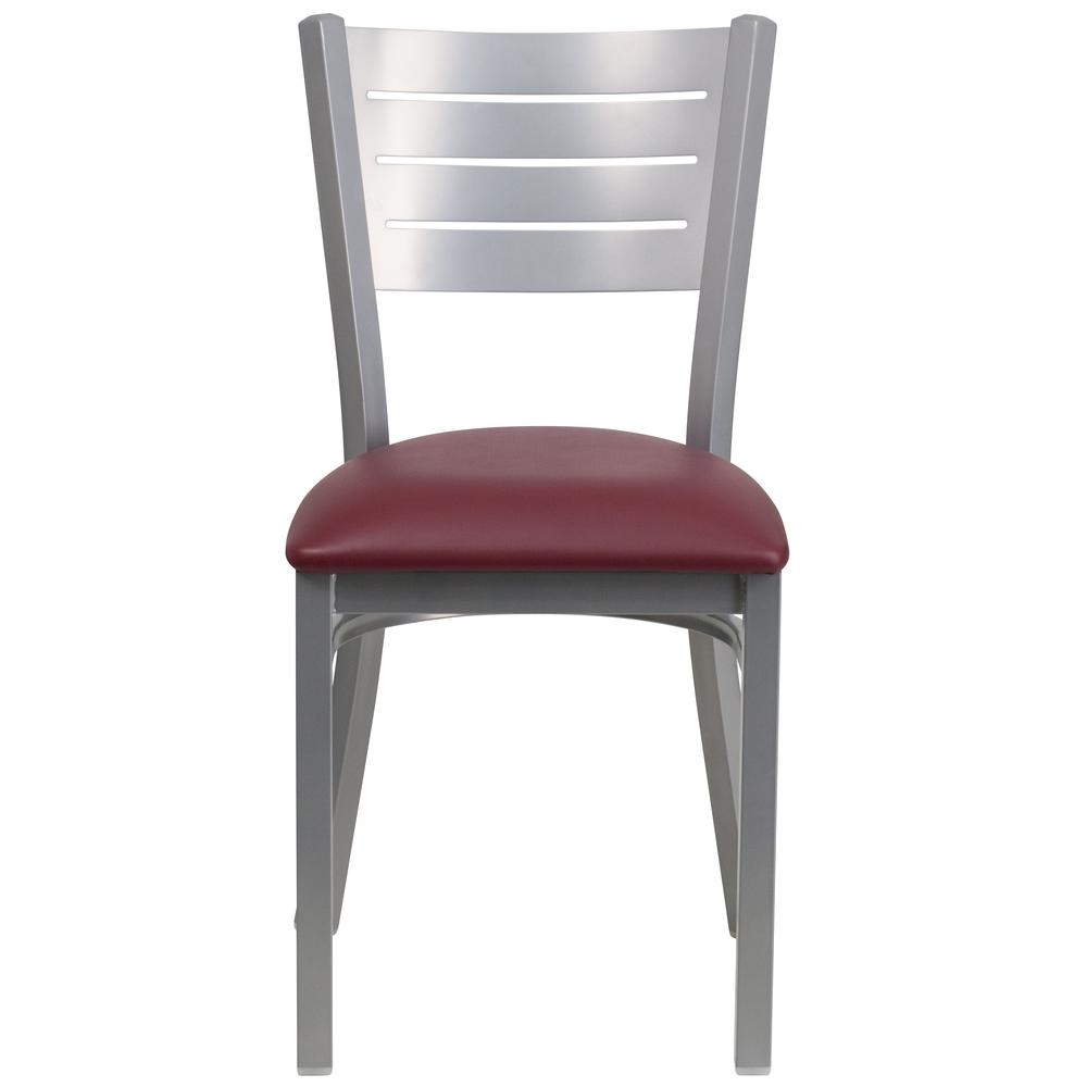 Silver Slat Back Metal Restaurant Chair - Burgundy Vinyl Seat. Picture 4
