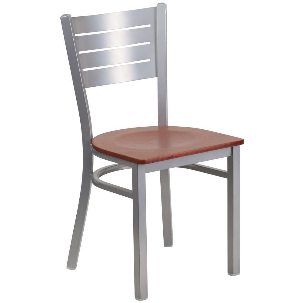 Silver Slat Back Metal Restaurant Chair - Cherry Wood Seat. Picture 1