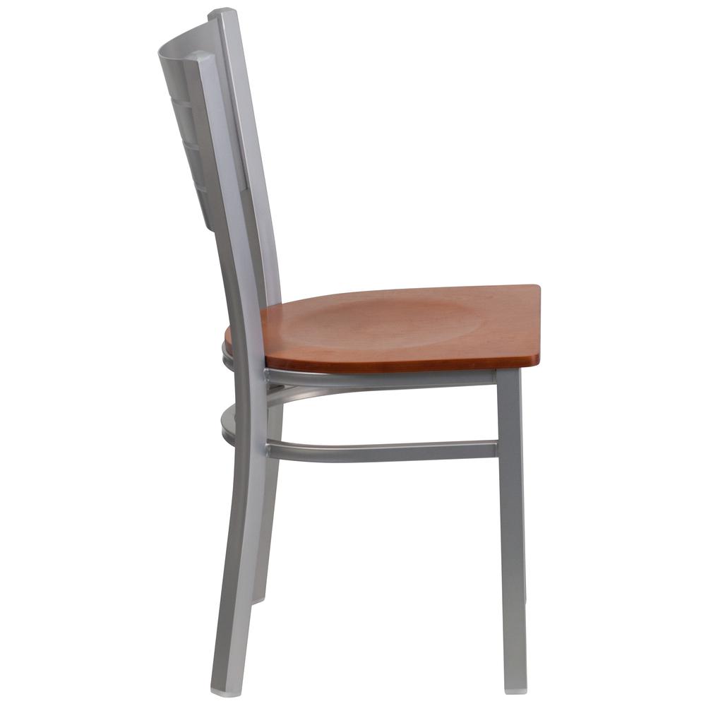 Silver Slat Back Metal Restaurant Chair - Cherry Wood Seat. Picture 2