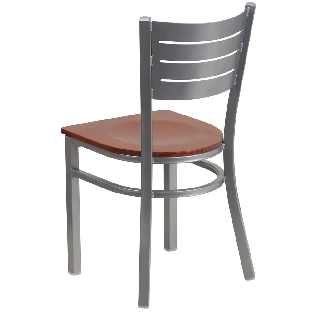 Silver Slat Back Metal Restaurant Chair - Cherry Wood Seat. Picture 3