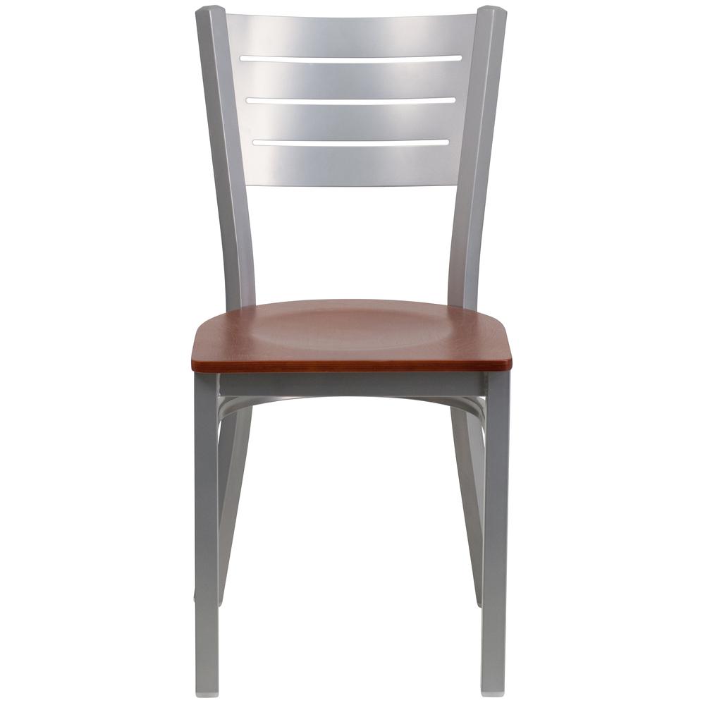 Silver Slat Back Metal Restaurant Chair - Cherry Wood Seat. Picture 4