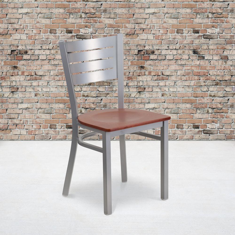 Silver Slat Back Metal Restaurant Chair - Cherry Wood Seat. Picture 5