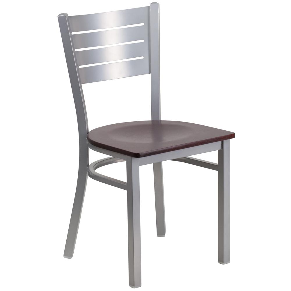Silver Slat Back Metal Restaurant Chair - Mahogany Wood Seat. Picture 1