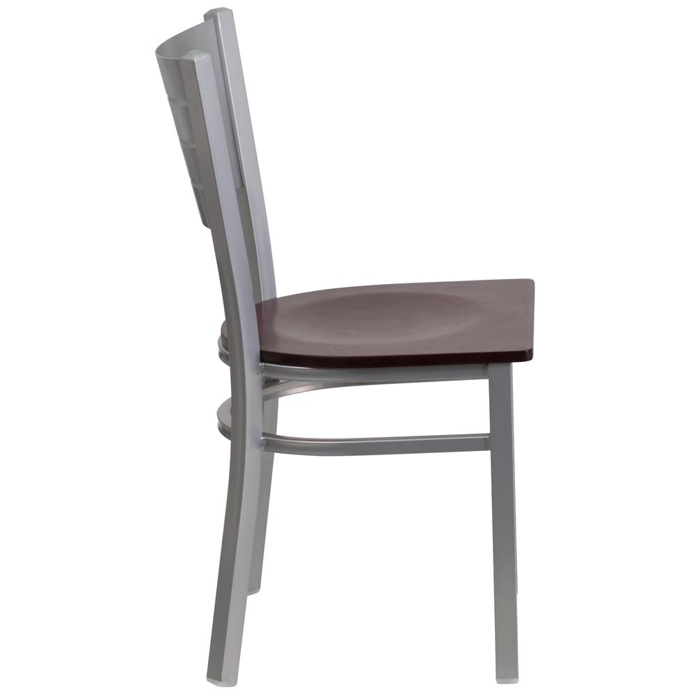 Silver Slat Back Metal Restaurant Chair - Mahogany Wood Seat. Picture 2