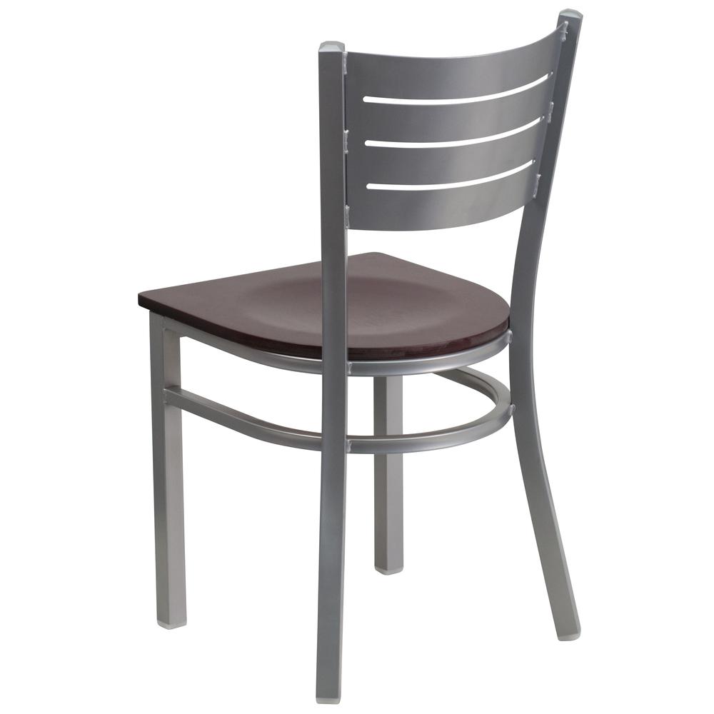 Silver Slat Back Metal Restaurant Chair - Mahogany Wood Seat. Picture 3