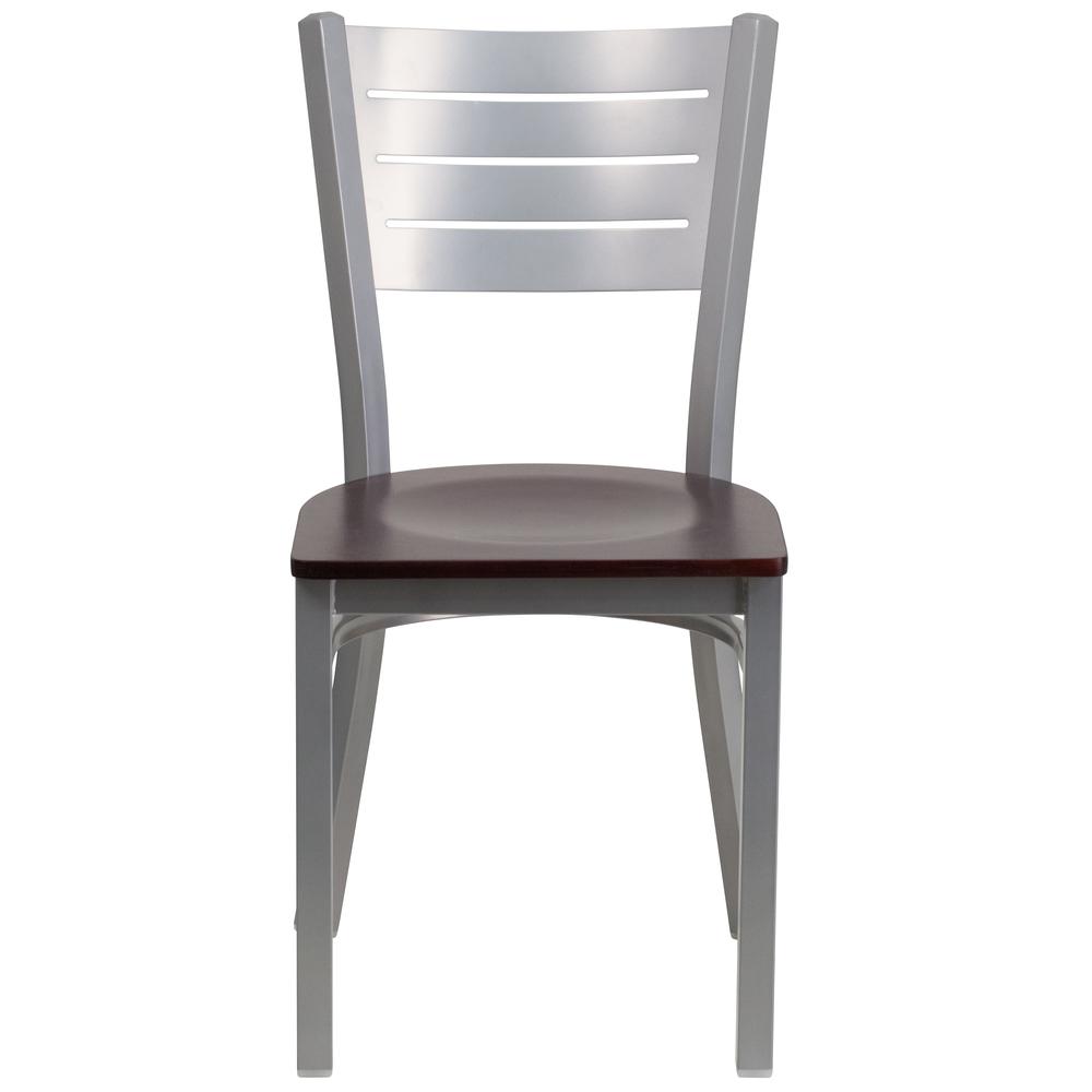 Silver Slat Back Metal Restaurant Chair - Mahogany Wood Seat. Picture 4