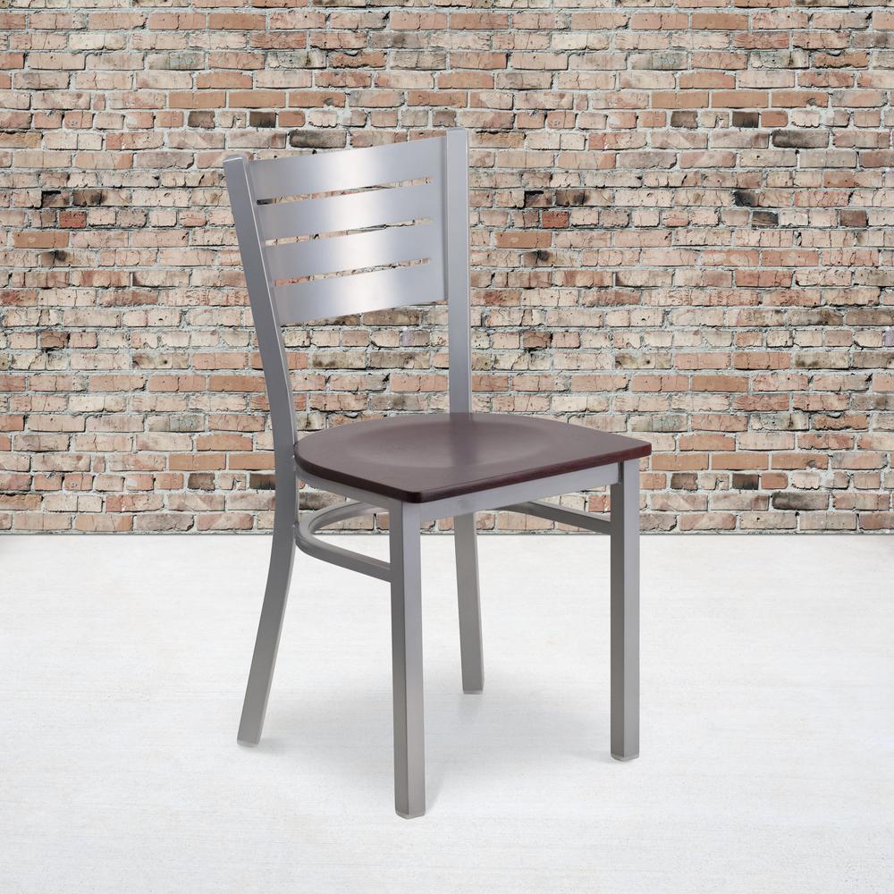 Silver Slat Back Metal Restaurant Chair - Mahogany Wood Seat. Picture 5