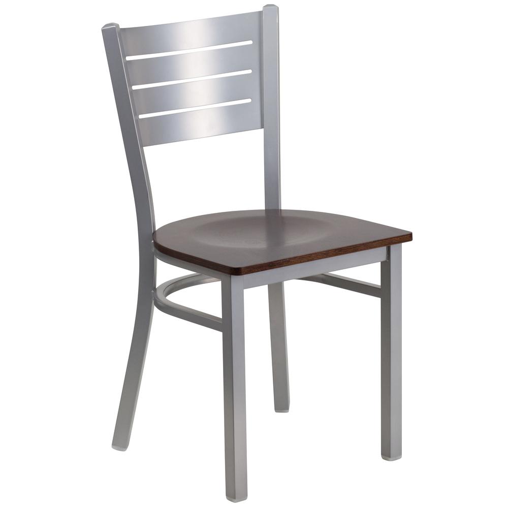 HERCULES Series Silver Slat Back Metal Restaurant Chair - Walnut Wood Seat. Picture 1