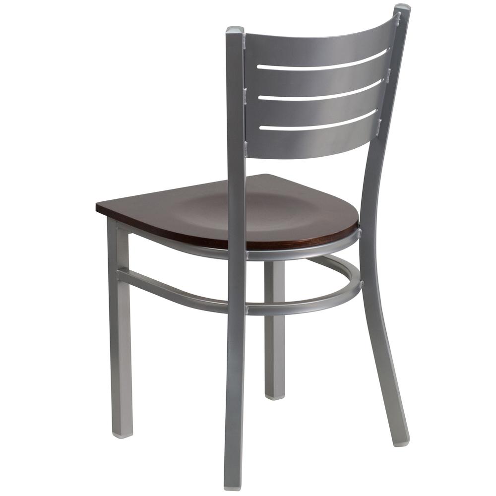 HERCULES Series Silver Slat Back Metal Restaurant Chair - Walnut Wood Seat. Picture 3