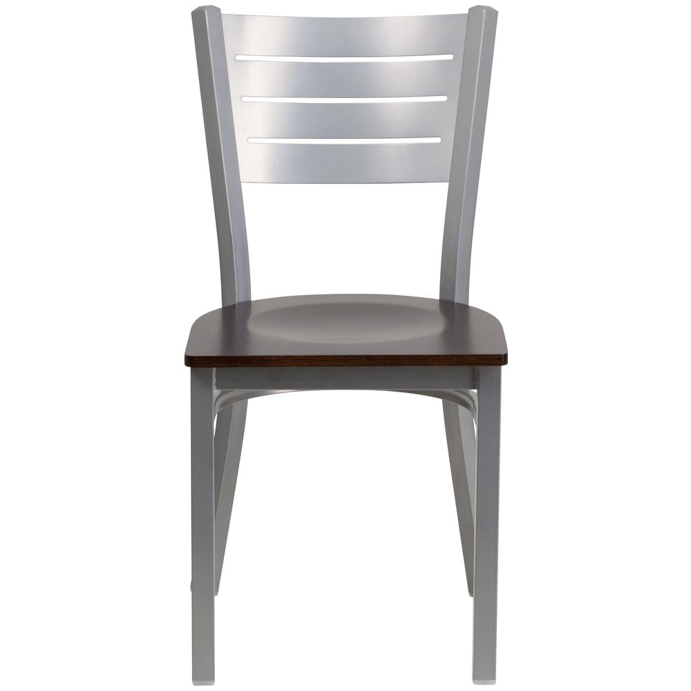 HERCULES Series Silver Slat Back Metal Restaurant Chair - Walnut Wood Seat. Picture 4