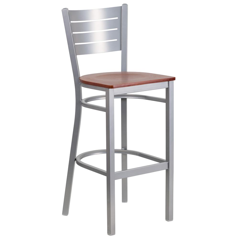 Silver Slat Back Metal Restaurant Barstool - Cherry Wood Seat. Picture 1