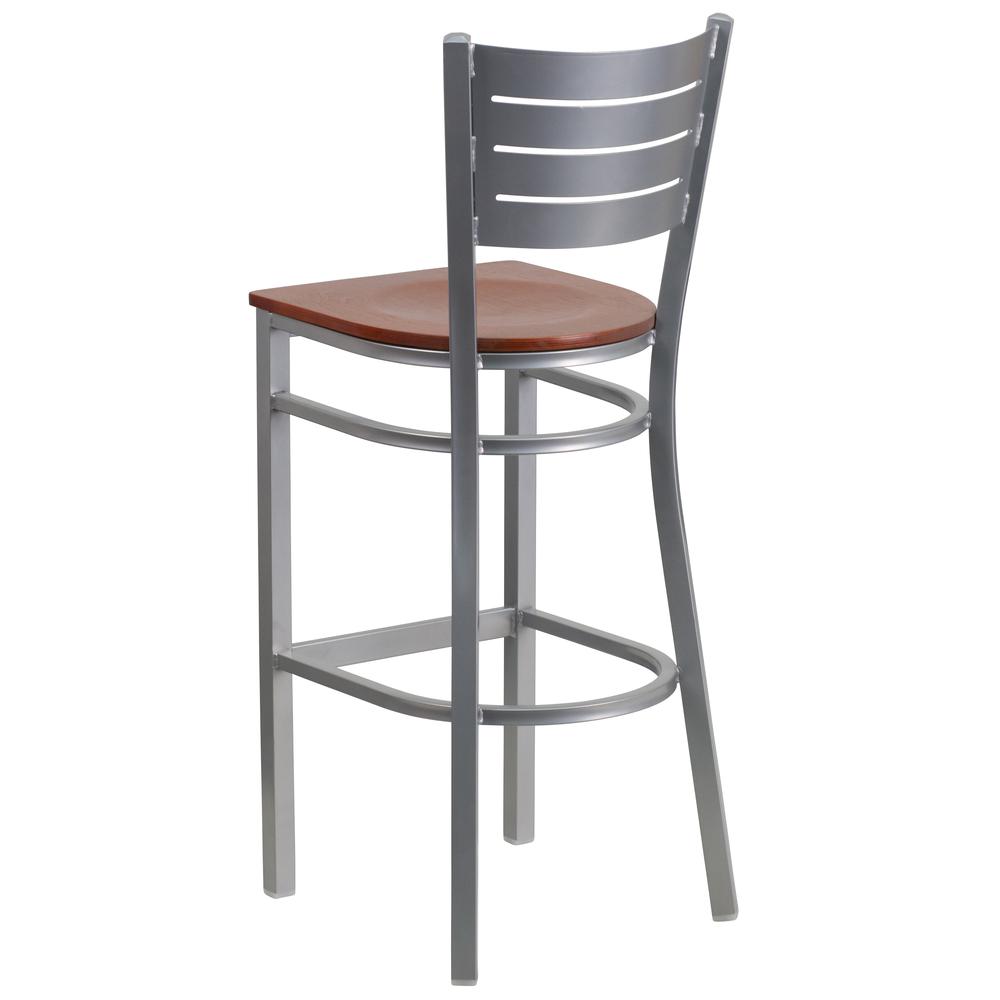 Silver Slat Back Metal Restaurant Barstool - Cherry Wood Seat. Picture 3