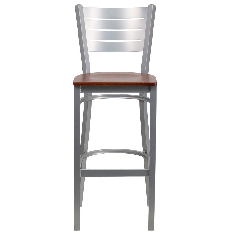 Silver Slat Back Metal Restaurant Barstool - Cherry Wood Seat. Picture 4