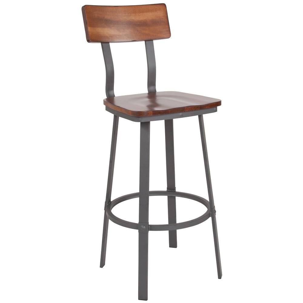 Flint Series Rustic Walnut Restaurant Barstool with Wood Seat & Back and Gray Powder Coat Frame. Picture 2