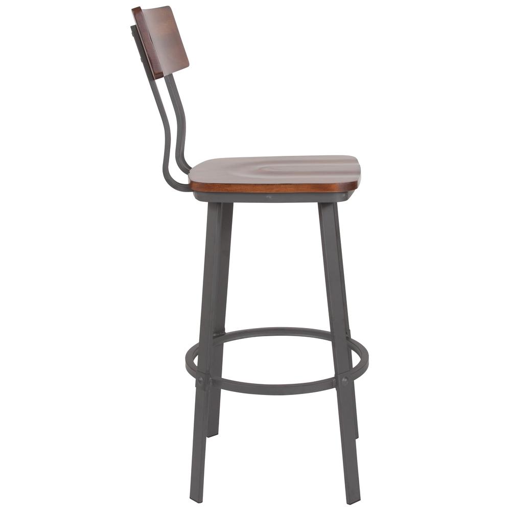 Flint Series Rustic Walnut Restaurant Barstool with Wood Seat & Back and Gray Powder Coat Frame. Picture 4