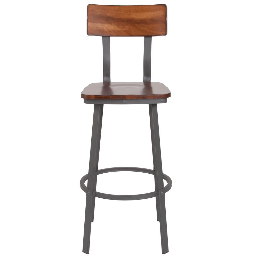 Flint Series Rustic Walnut Restaurant Barstool with Wood Seat & Back and Gray Powder Coat Frame. Picture 5