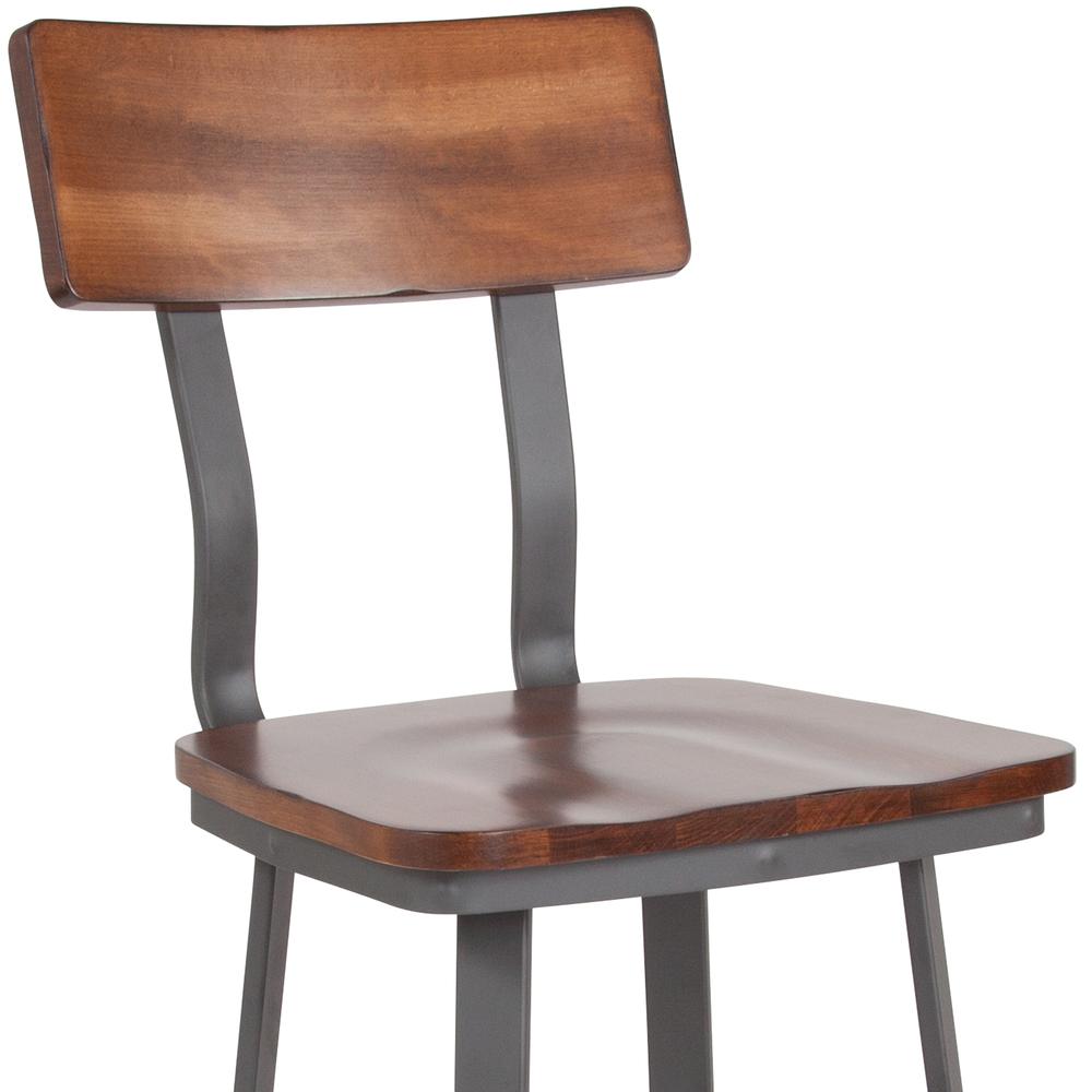 Rustic Walnut Restaurant Barstool with Wood Seat & Back and Gray Powder Coat Frame. Picture 5