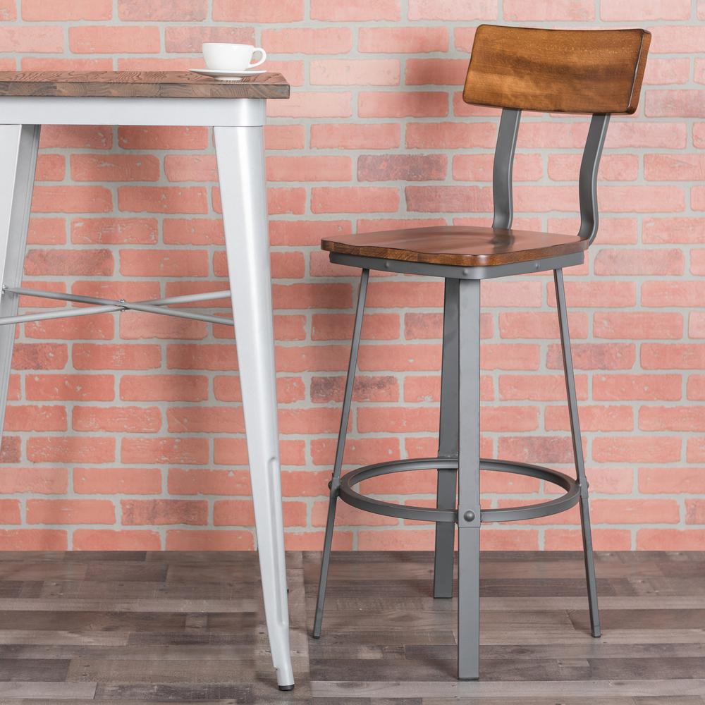 Rustic Walnut Restaurant Barstool with Wood Seat & Back and Gray Powder Coat Frame. Picture 7