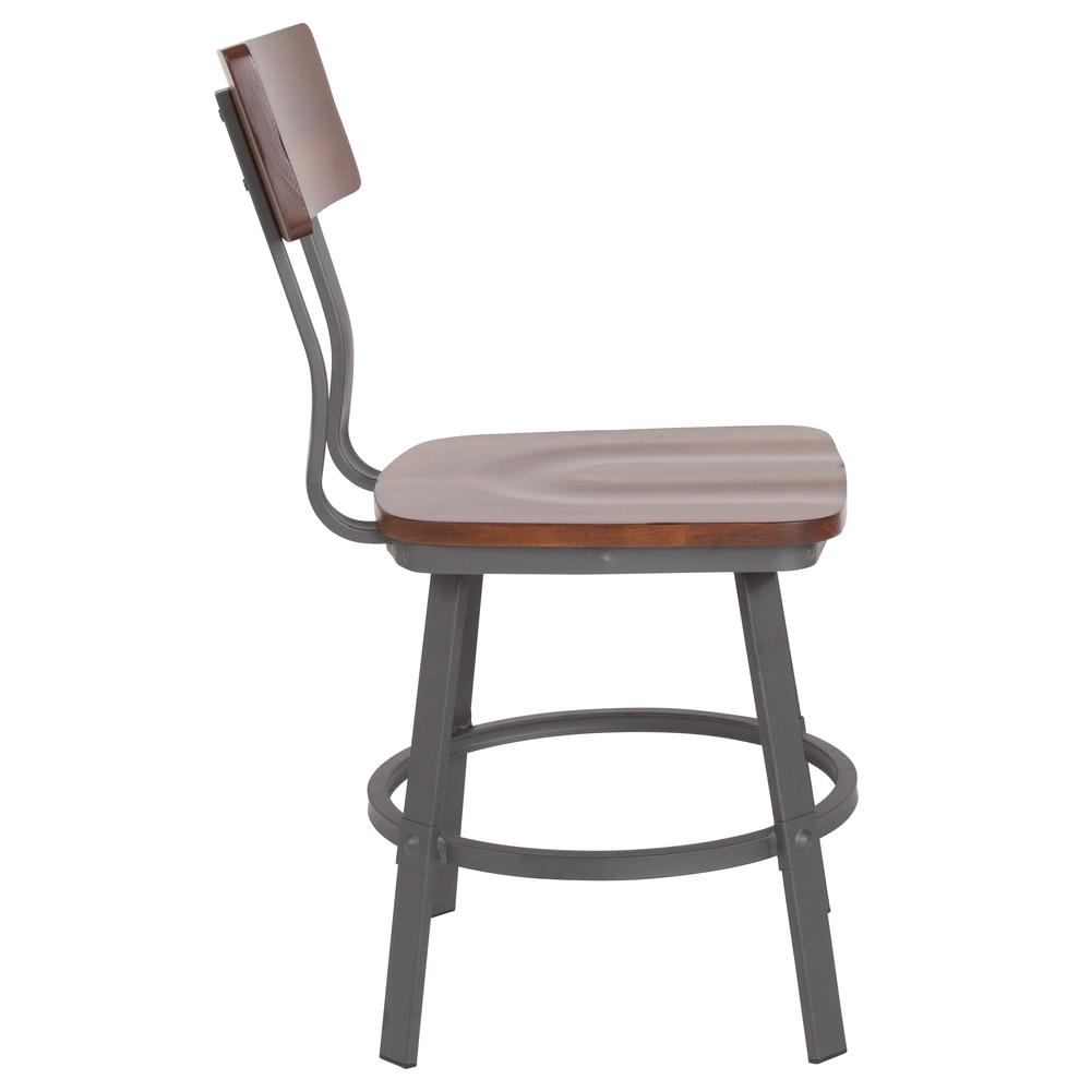 Rustic Walnut Restaurant Chair with Wood Seat & Back and Gray Powder Coat Frame. Picture 3