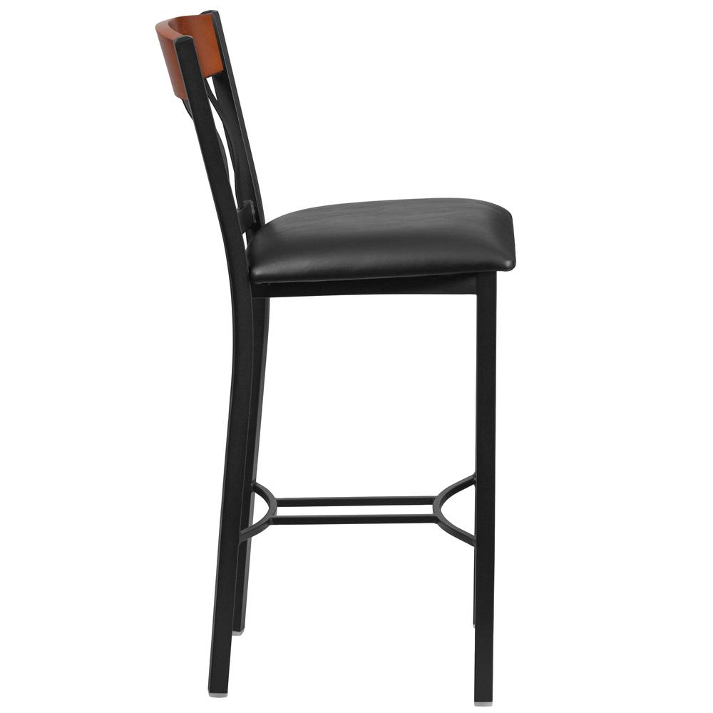 Vertical Back Black Metal and Cherry Wood Restaurant Barstool with Black Vinyl Seat. Picture 2