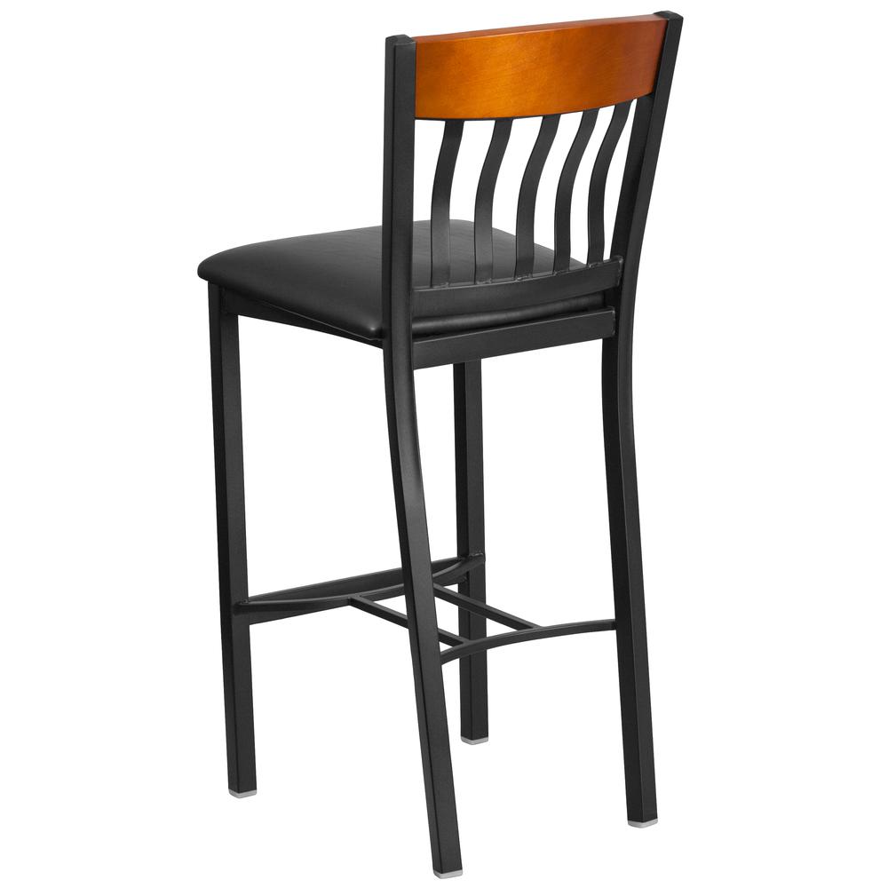 Vertical Back Black Metal and Cherry Wood Restaurant Barstool with Black Vinyl Seat. Picture 3