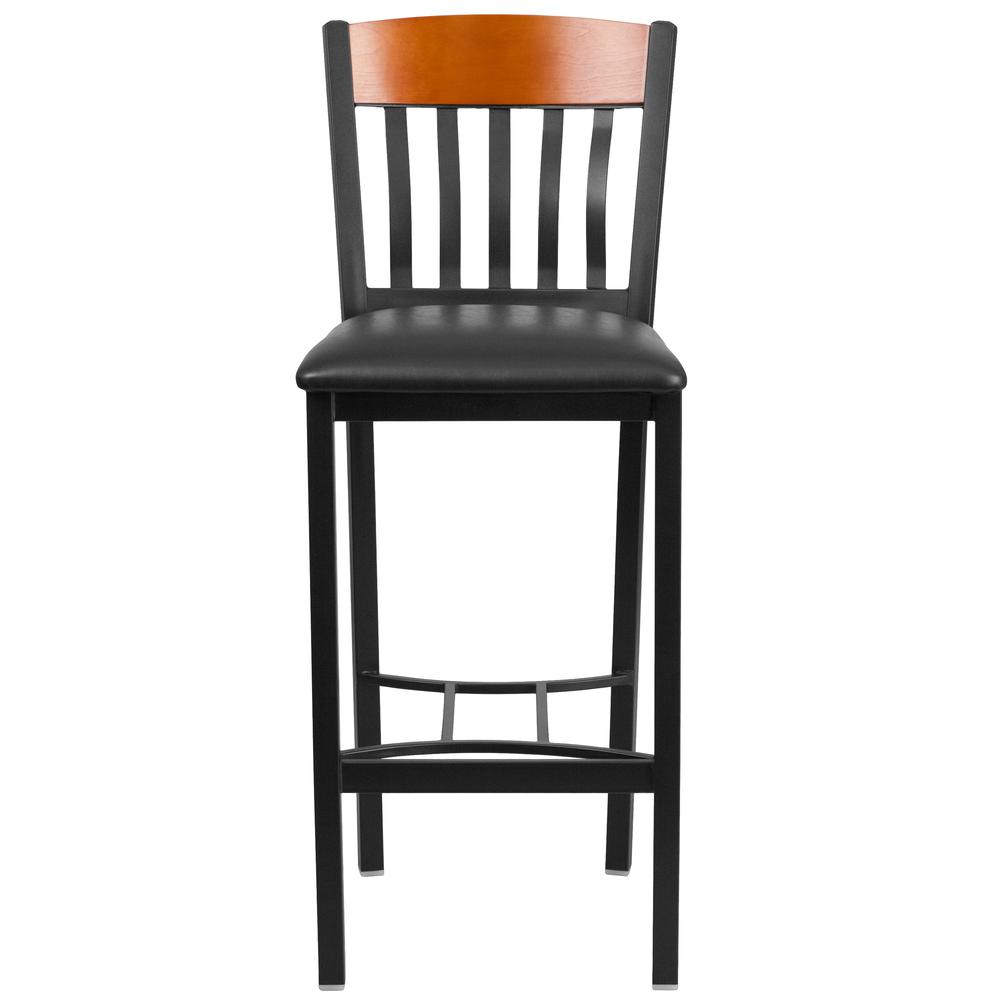Vertical Back Black Metal and Cherry Wood Restaurant Barstool with Black Vinyl Seat. Picture 4