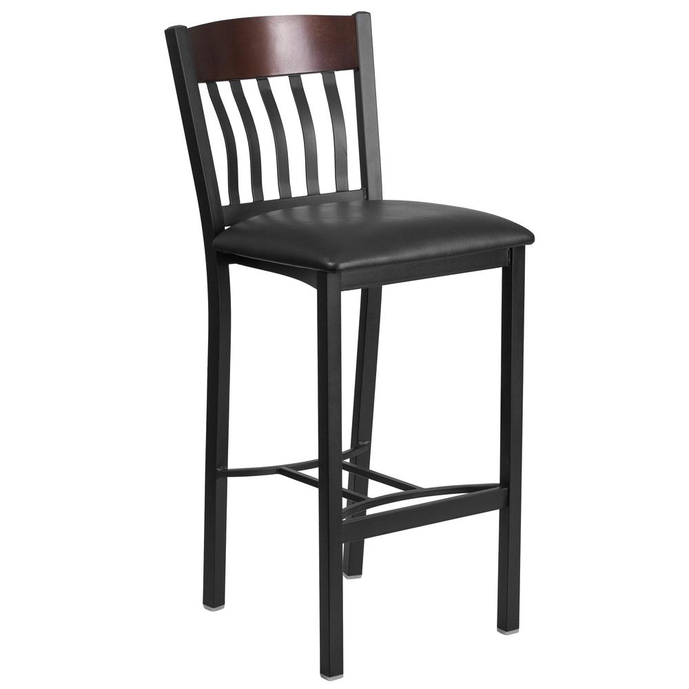 Vertical Back Black Metal and Walnut Wood Restaurant Barstool with Black Vinyl Seat. Picture 1