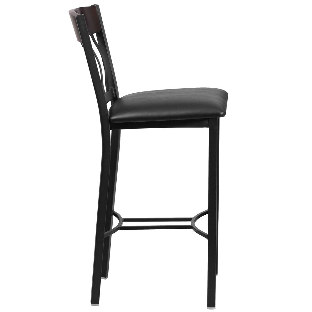 Vertical Back Black Metal and Walnut Wood Restaurant Barstool with Black Vinyl Seat. Picture 2
