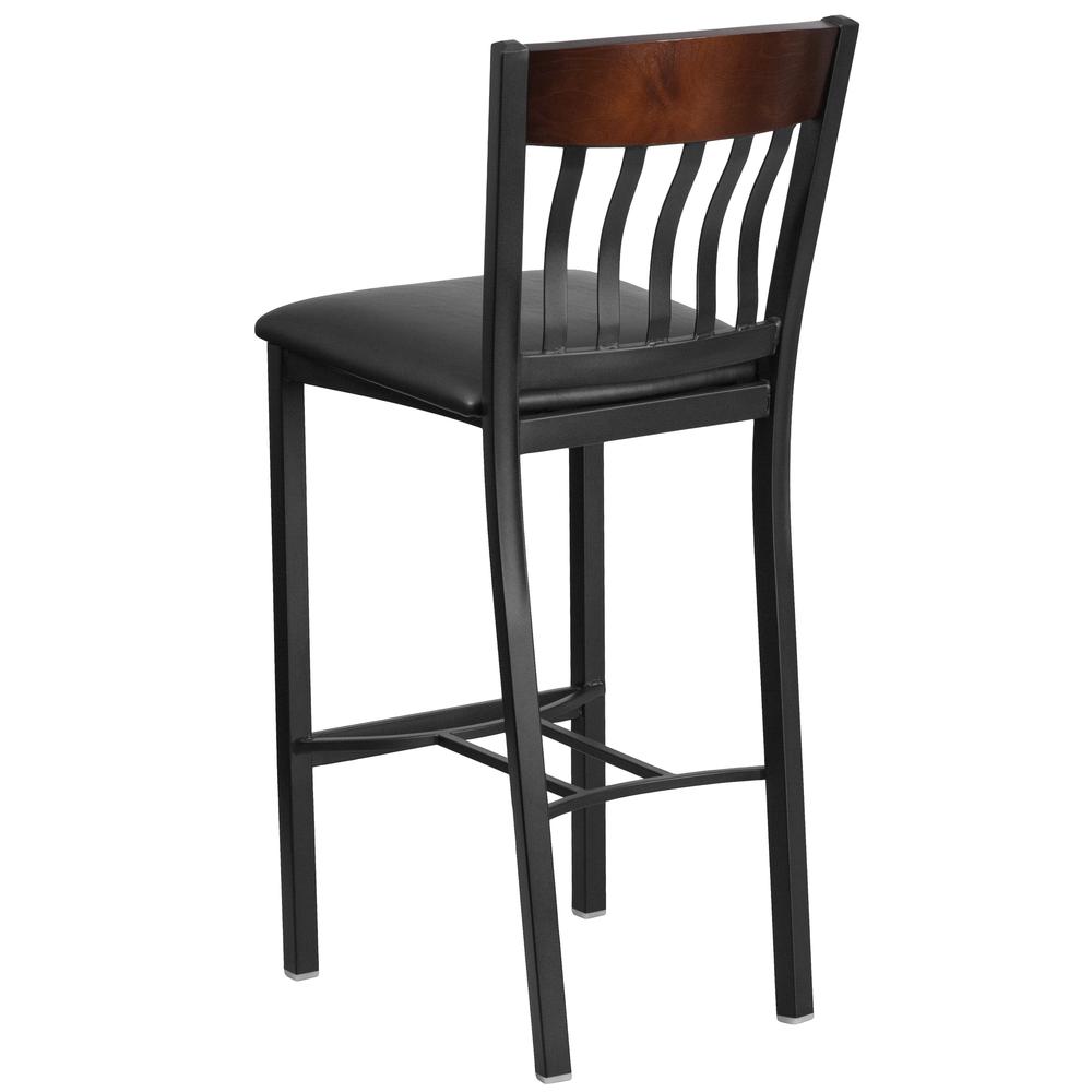Vertical Back Black Metal and Walnut Wood Restaurant Barstool with Black Vinyl Seat. Picture 3