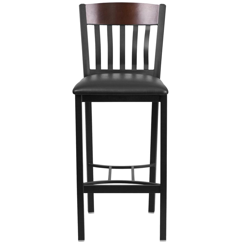 Vertical Back Black Metal and Walnut Wood Restaurant Barstool with Black Vinyl Seat. Picture 4