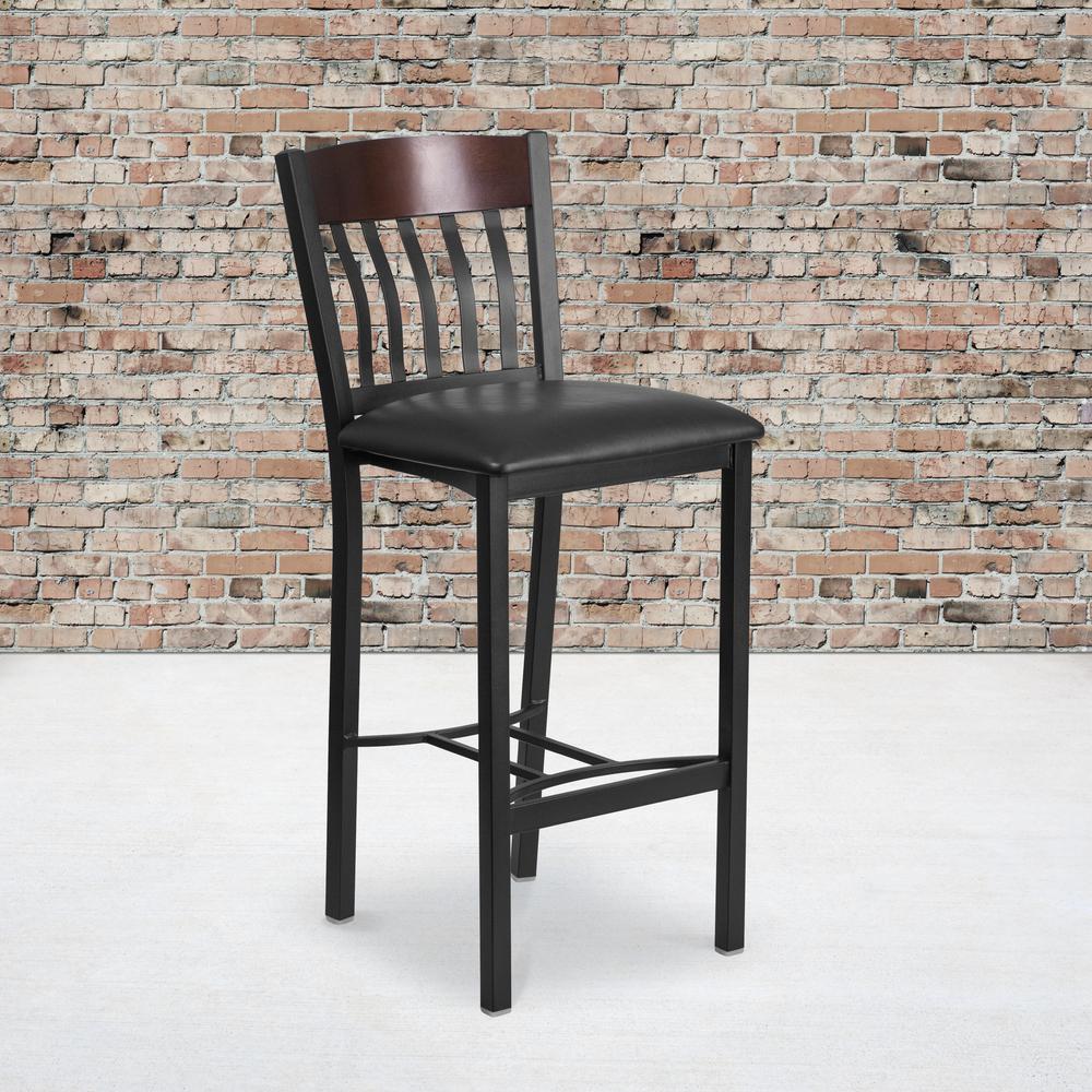 Vertical Back Black Metal and Walnut Wood Restaurant Barstool with Black Vinyl Seat. Picture 5