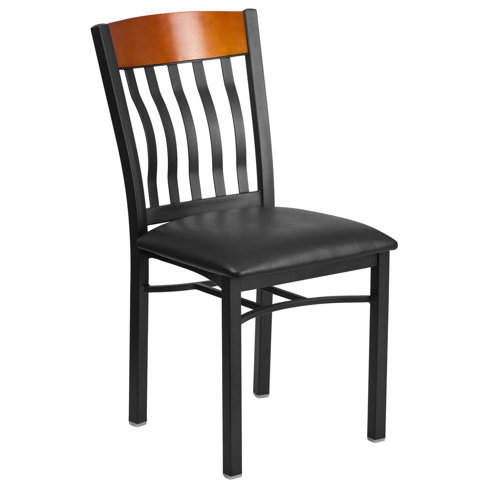 Vertical Back Black Metal and Cherry Wood Restaurant Chair with Black Vinyl Seat. Picture 1