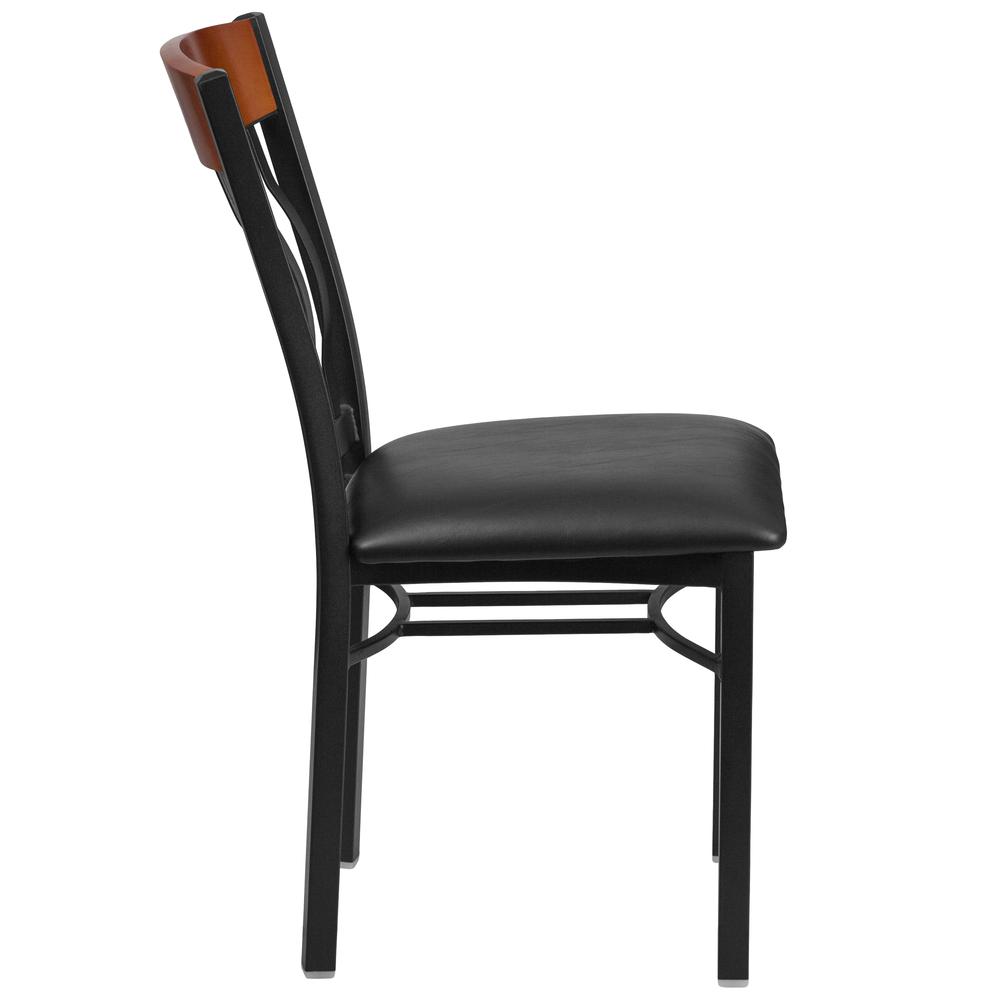 Vertical Back Black Metal and Cherry Wood Restaurant Chair with Black Vinyl Seat. Picture 2