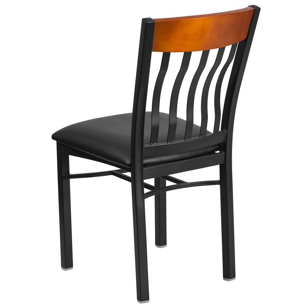 Vertical Back Black Metal and Cherry Wood Restaurant Chair with Black Vinyl Seat. Picture 3