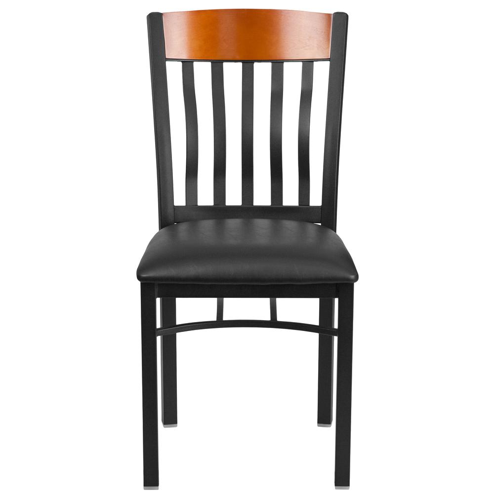 Vertical Back Black Metal and Cherry Wood Restaurant Chair with Black Vinyl Seat. Picture 4