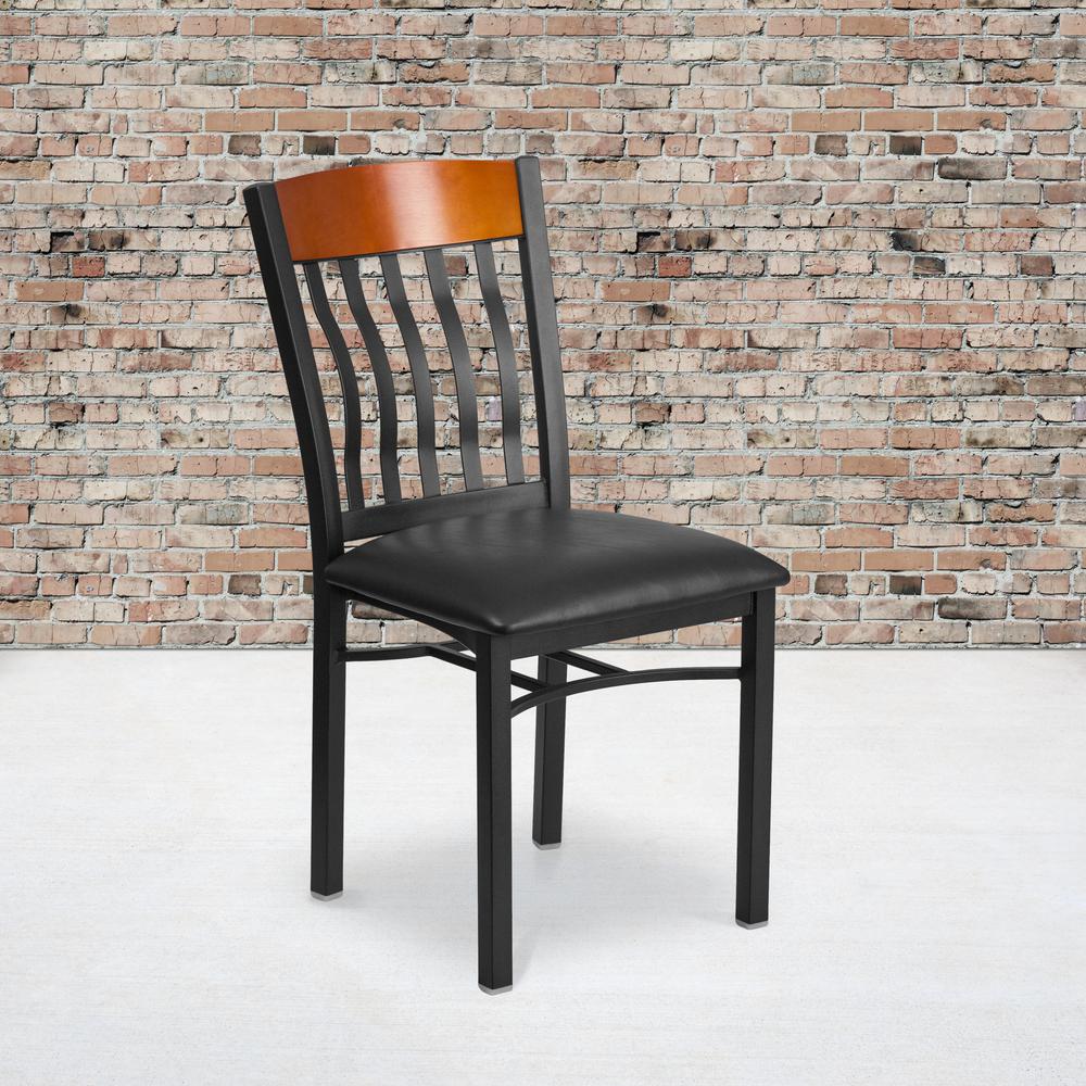 Vertical Back Black Metal and Cherry Wood Restaurant Chair with Black Vinyl Seat. Picture 5