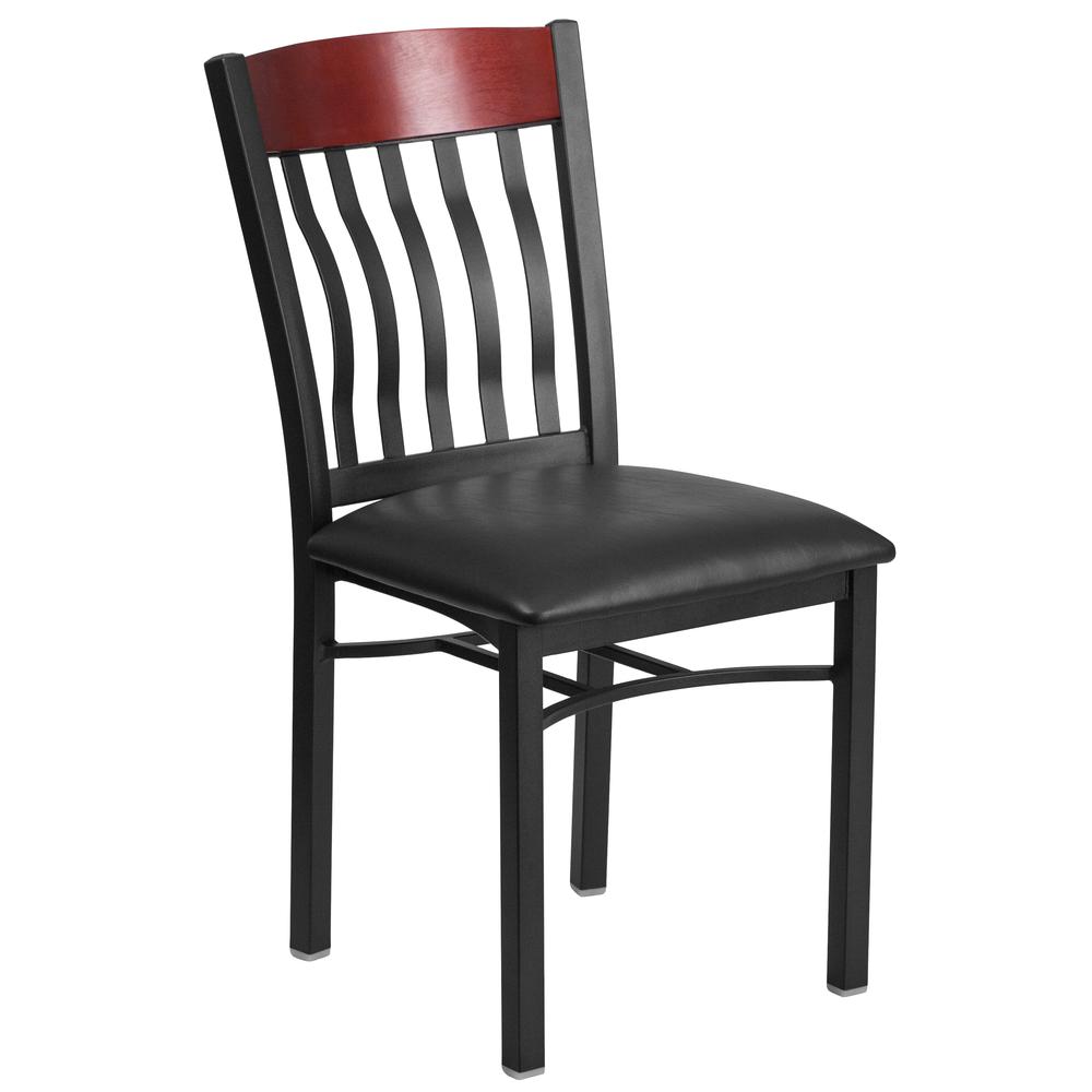 Vertical Back Black Metal and Mahogany Wood Restaurant Chair with Black Vinyl Seat. Picture 1