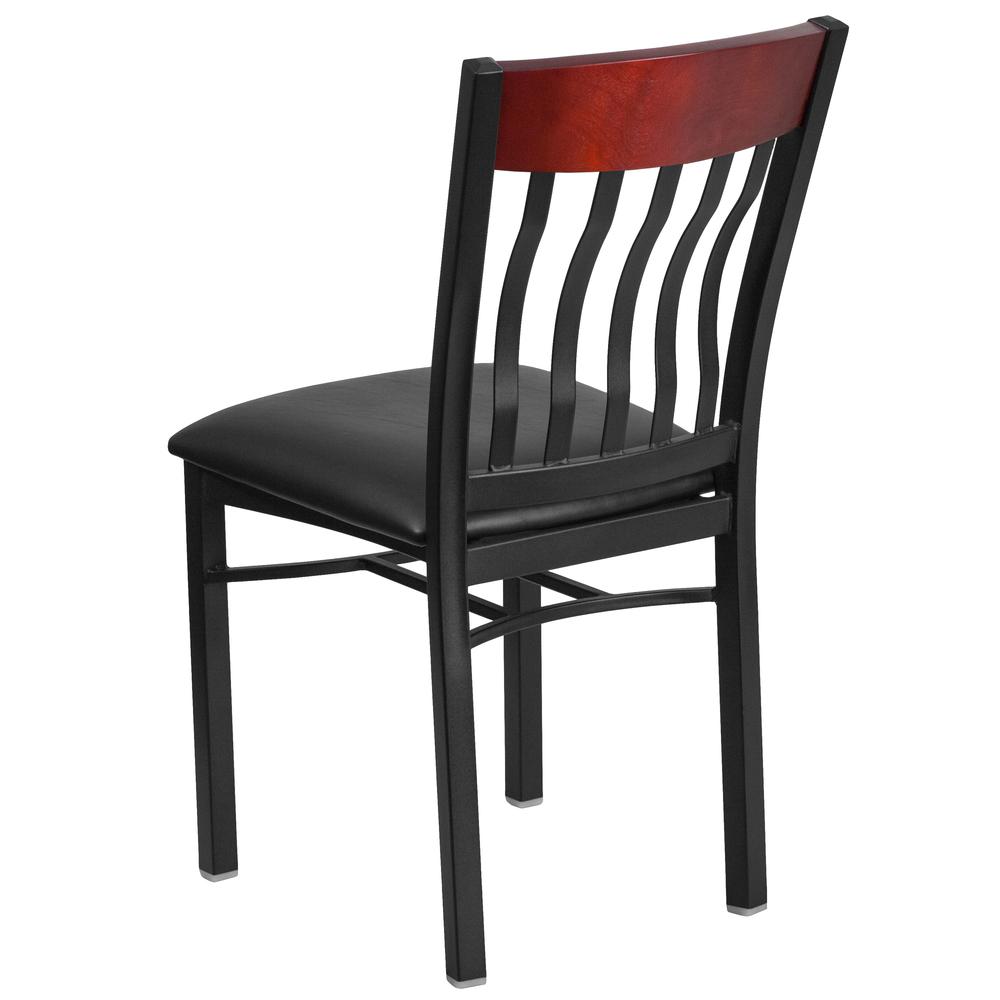 Vertical Back Black Metal and Mahogany Wood Restaurant Chair with Black Vinyl Seat. Picture 3