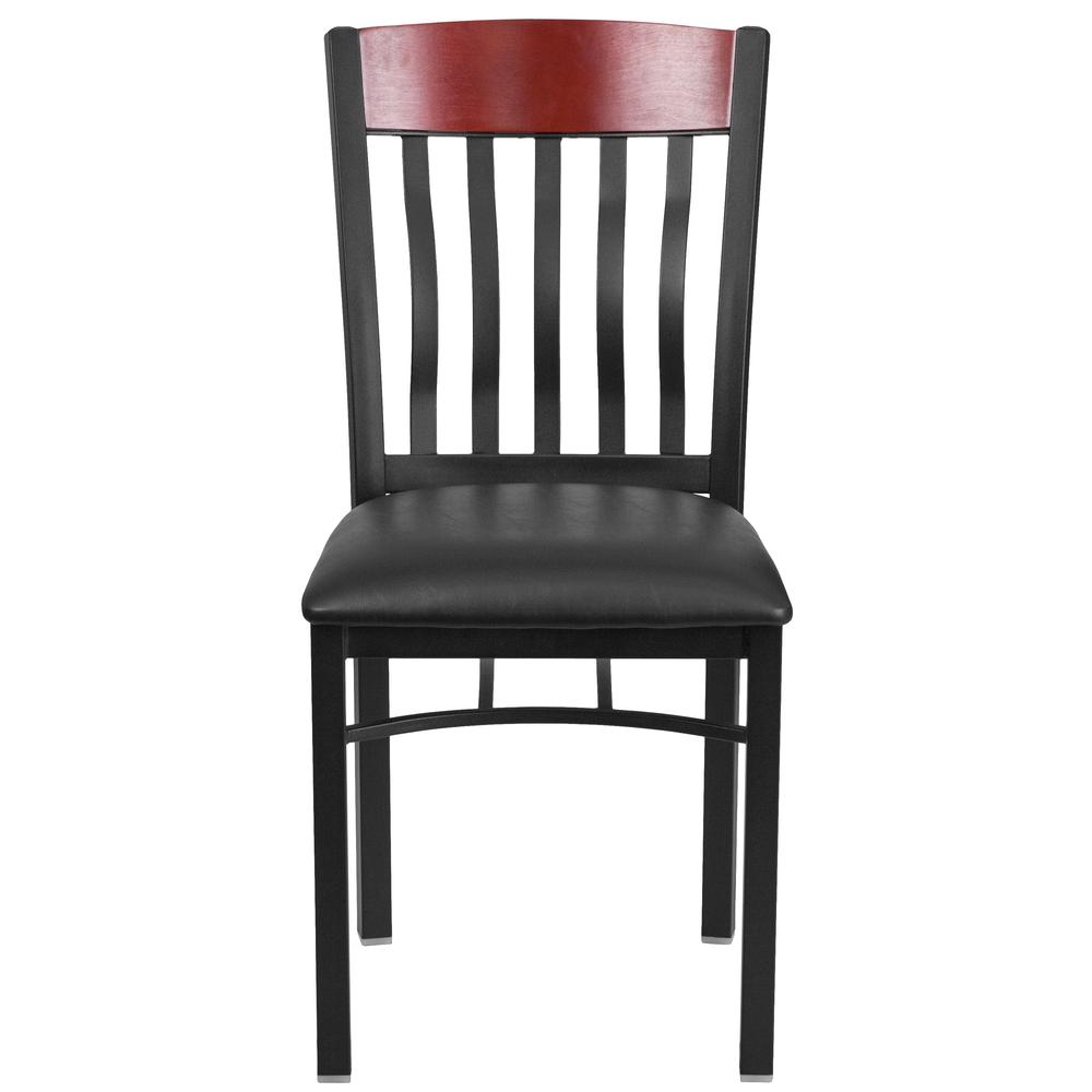 Vertical Back Black Metal and Mahogany Wood Restaurant Chair with Black Vinyl Seat. Picture 4