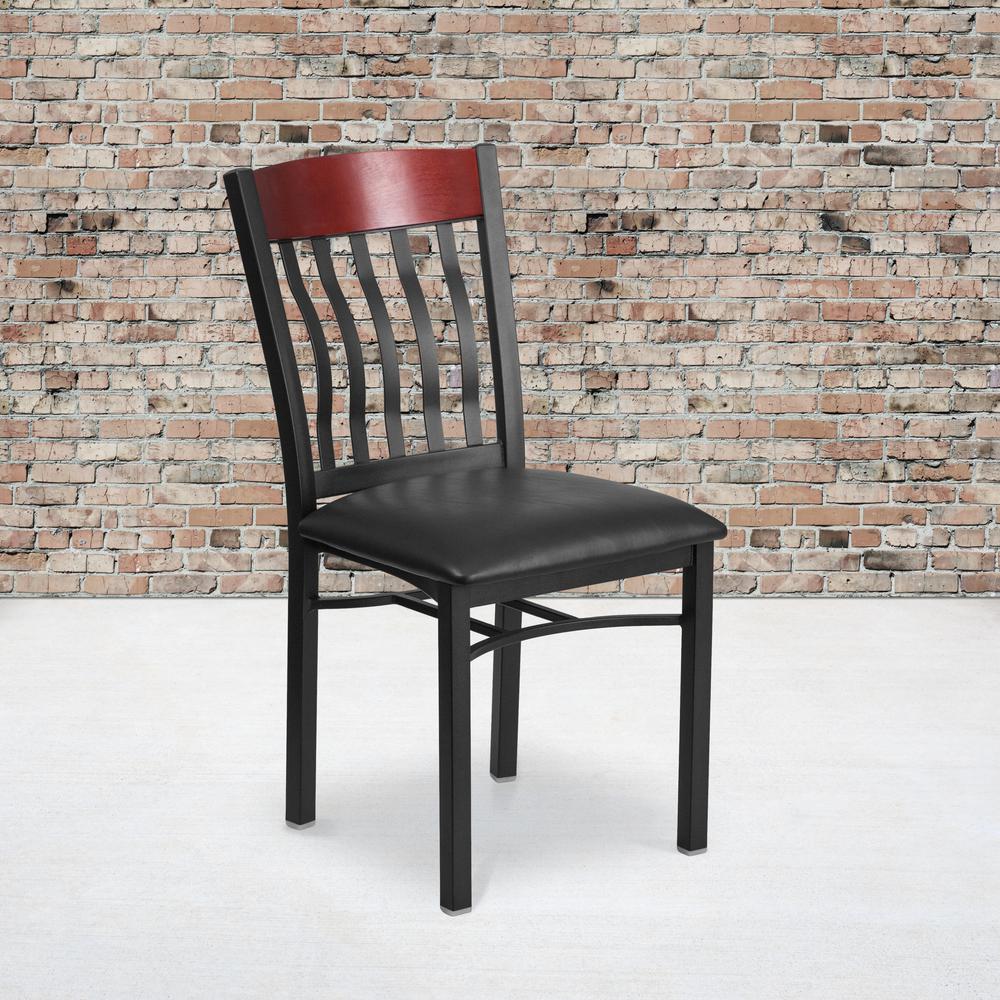 Vertical Back Black Metal and Mahogany Wood Restaurant Chair with Black Vinyl Seat. Picture 5