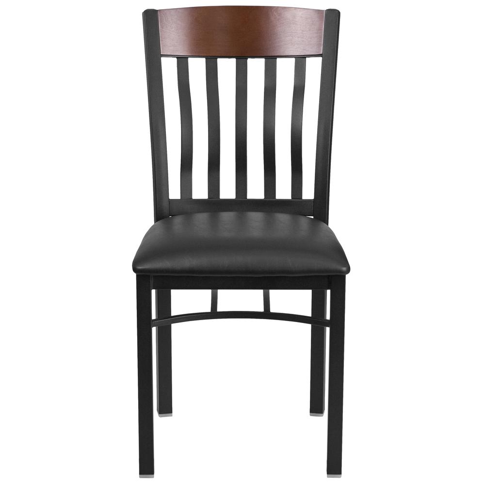 Vertical Back Black Metal and Walnut Wood Restaurant Chair with Black Vinyl Seat. Picture 4