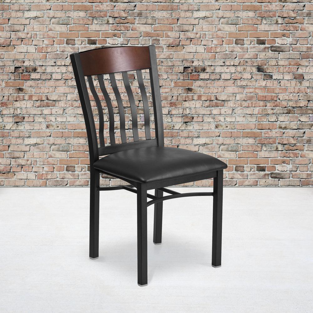 Vertical Back Black Metal and Walnut Wood Restaurant Chair with Black Vinyl Seat. Picture 5