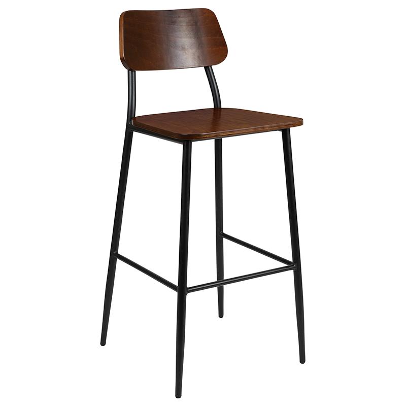 Industrial Barstool with Gunmetal Steel Frame and Rustic Wood Seat. Picture 2