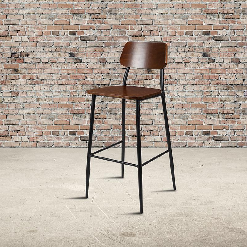 Industrial Barstool with Gunmetal Steel Frame and Rustic Wood Seat. Picture 1