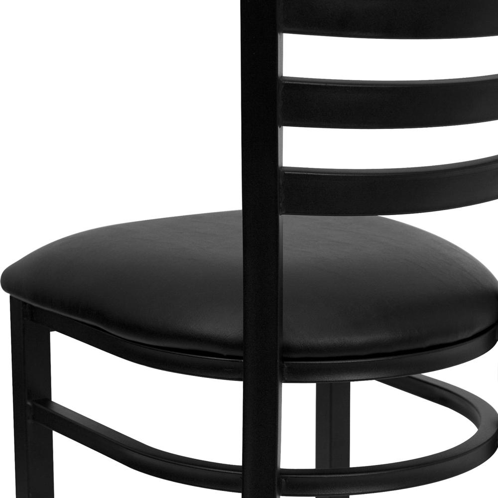 Black Ladder Back Metal Restaurant Chair - Black Vinyl Seat. Picture 8
