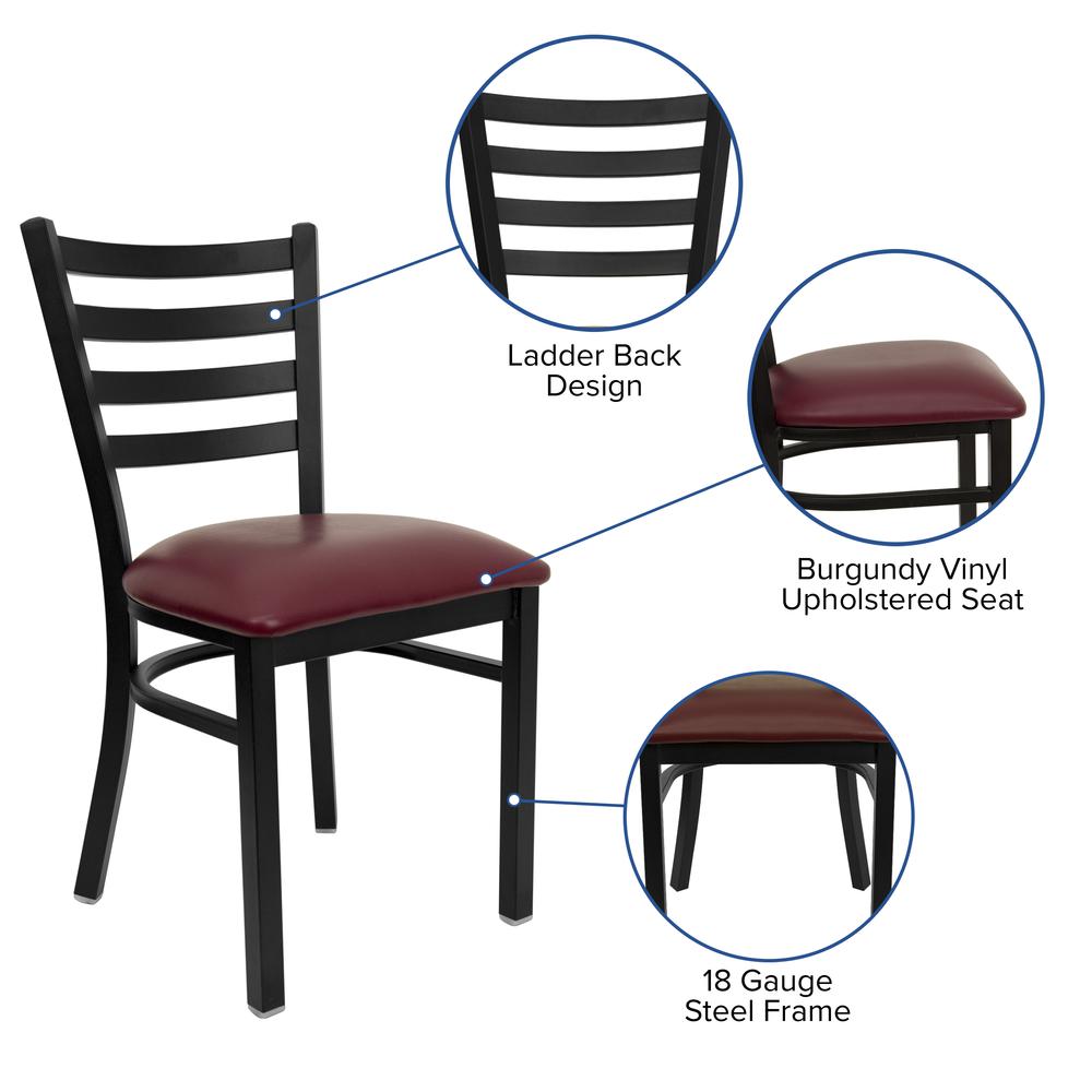 Black Ladder Back Metal Restaurant Chair - Burgundy Vinyl Seat. Picture 5