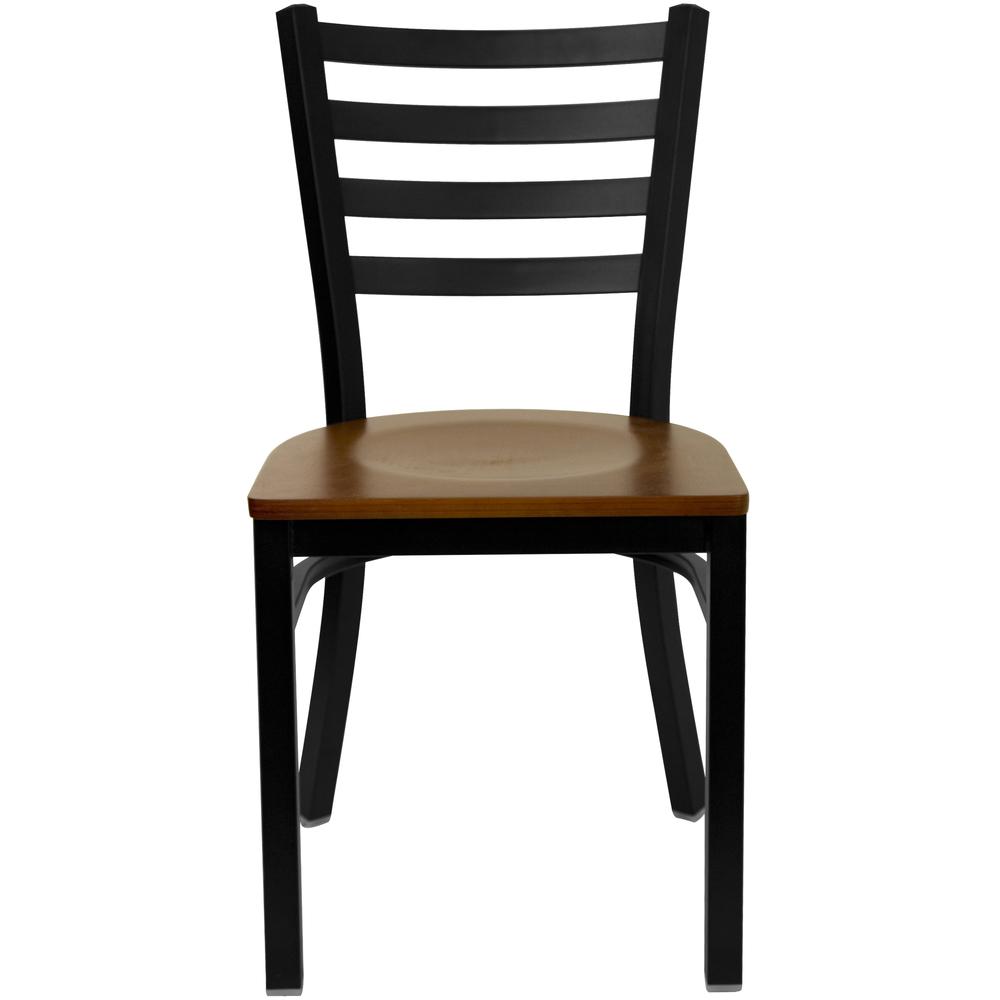 HERCULES Series Black Ladder Back Metal Restaurant Chair - Cherry Wood Seat. Picture 4