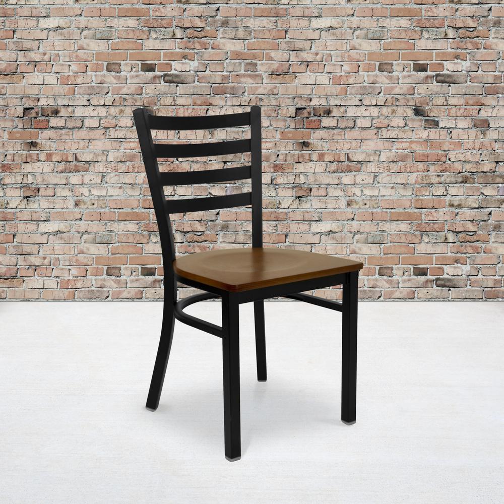 Black Ladder Back Metal Restaurant Chair - Cherry Wood Seat. Picture 5