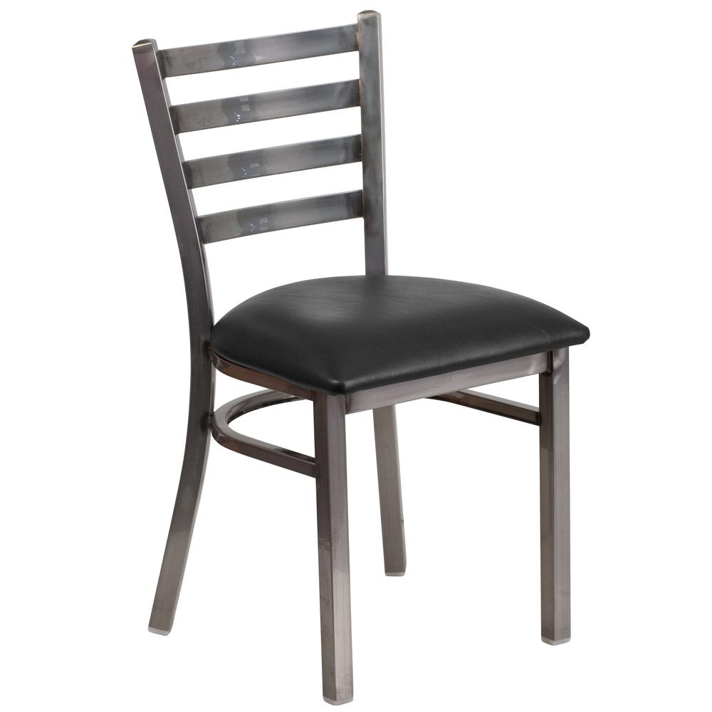 Clear Coated Ladder Back Metal Restaurant Chair - Black Vinyl Seat. Picture 1
