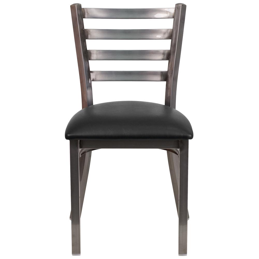 Clear Coated Ladder Back Metal Restaurant Chair - Black Vinyl Seat. Picture 4